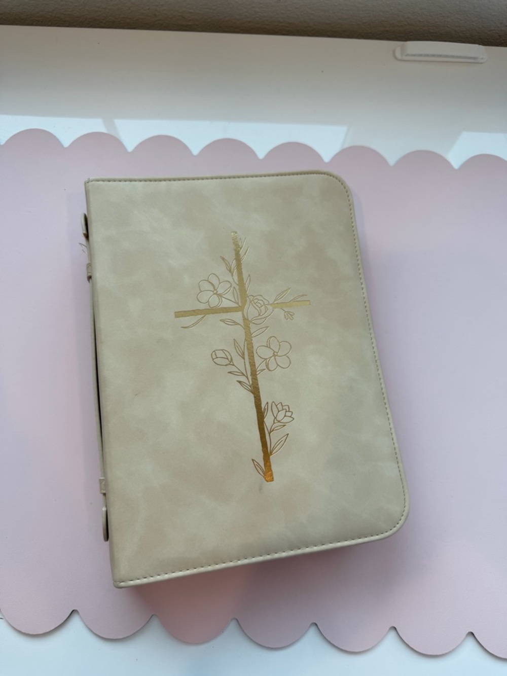 Floral Cross Faux Leather Bible Cover - Cream